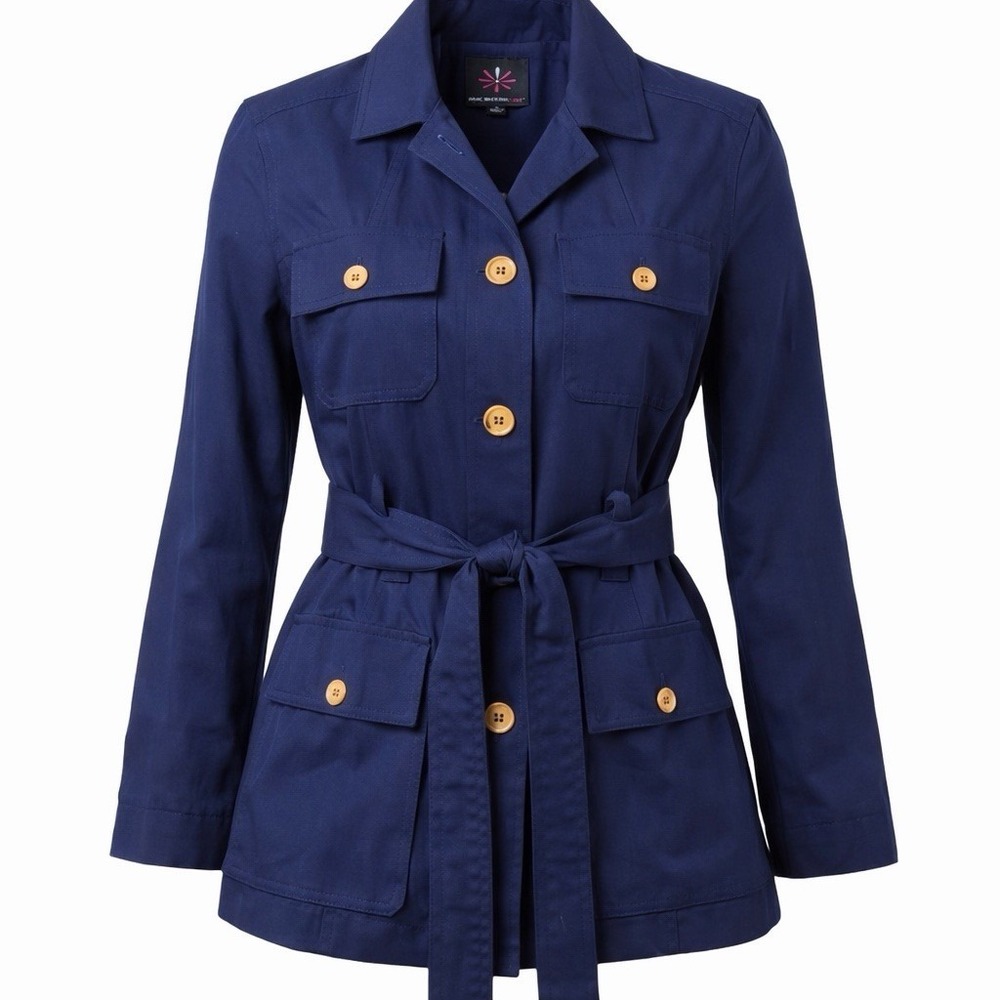 Isaac Mizrahi Safari Utility Jacket Navy Belted Trench Pockets Womens S NEW